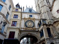 Great Clock in Rouen  Cast iron mechanism built in 1389 with facade completed in 1529.  Includes days of the week (bottom) and phases of the moon (top).