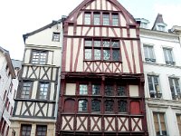 Old house in Rouen  Half-timbered house built before 1520 had upper stories larger than lower stories to increase size (and avoid taxes based on footprint).