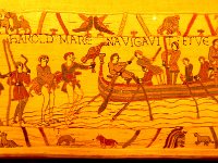 Bayeux Tapestry: Harold sets off with no shoes  Constructed around 1077 to commemorate the story of William the Conqueror taking of England, including the 1066 Battle of Hastings.  It is 224 feet long.